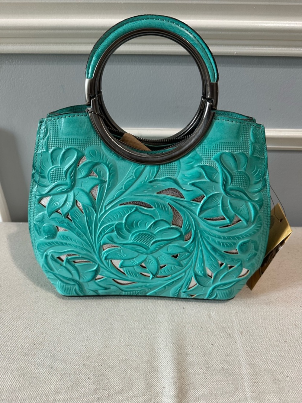 Patricia Nash Turquoise Floral Tooled Leather Ring-Handle Satchel